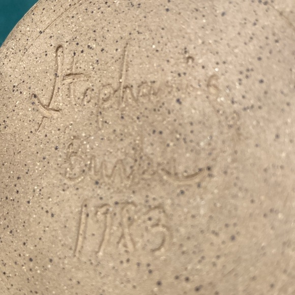 POTTERY artisan made signed mug, tan & blues, 1 cup, fancy handle $20 - Picture 9 of 9